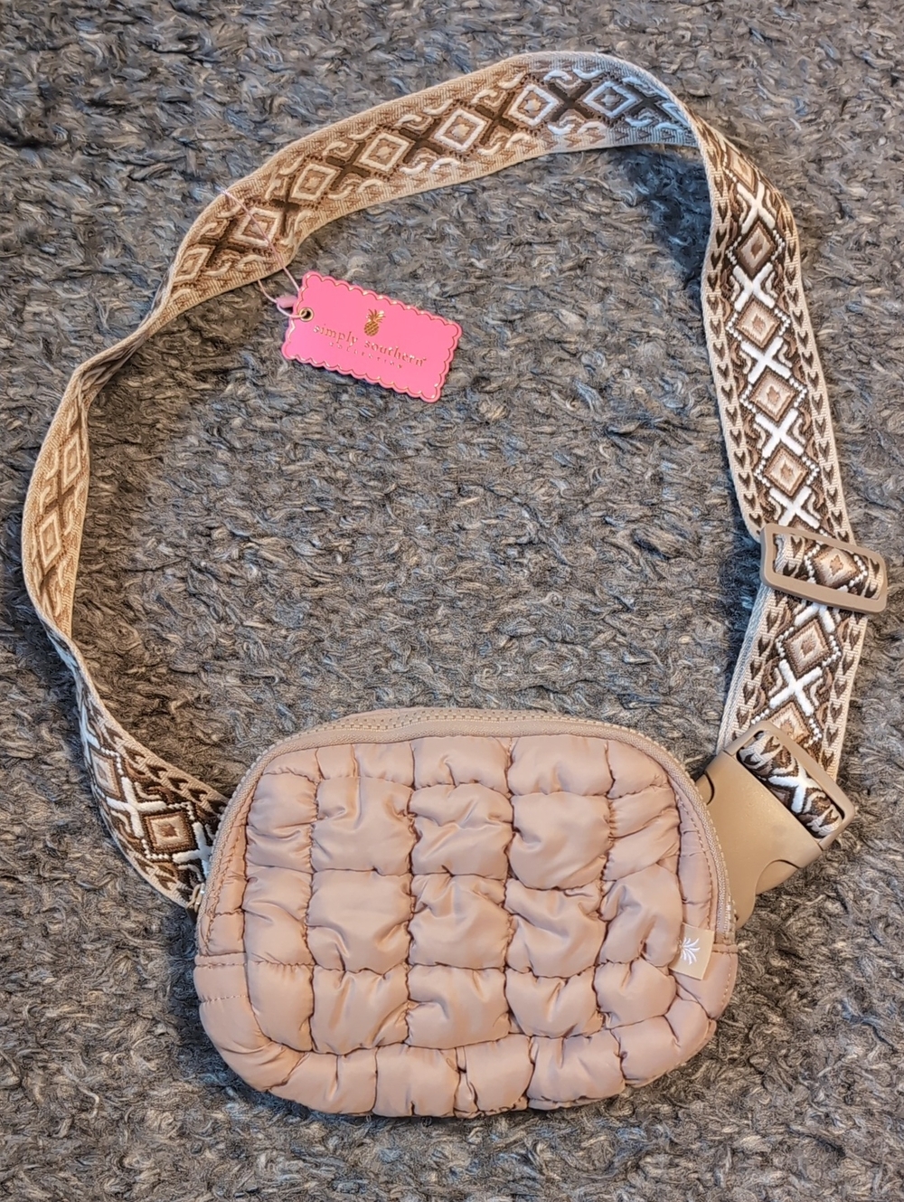 Simply Southern Quilted Beige Crossbody Belt Bag with Patterned Strap
